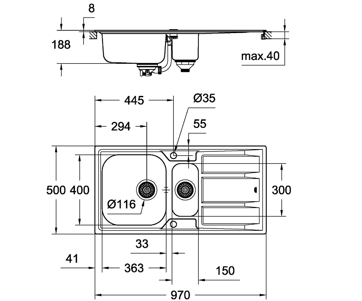 Мойка для кухни с эксцентриком  K-SERIES K 400 31567SD0:Чертеж 