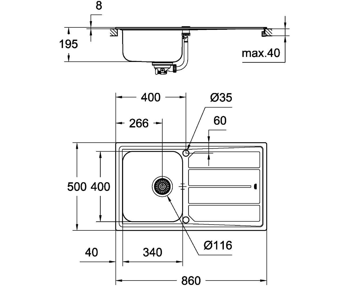 Мойка для кухни с эксцентриком  K-SERIES K 500 31571SD0:Чертеж 
