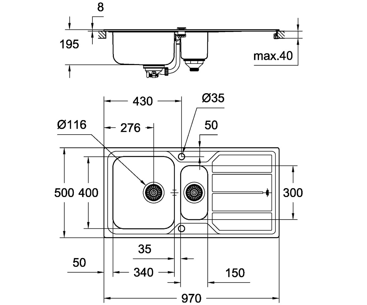 Мойка для кухни с эксцентриком  K-SERIES K 500 31572SD0:Чертеж 