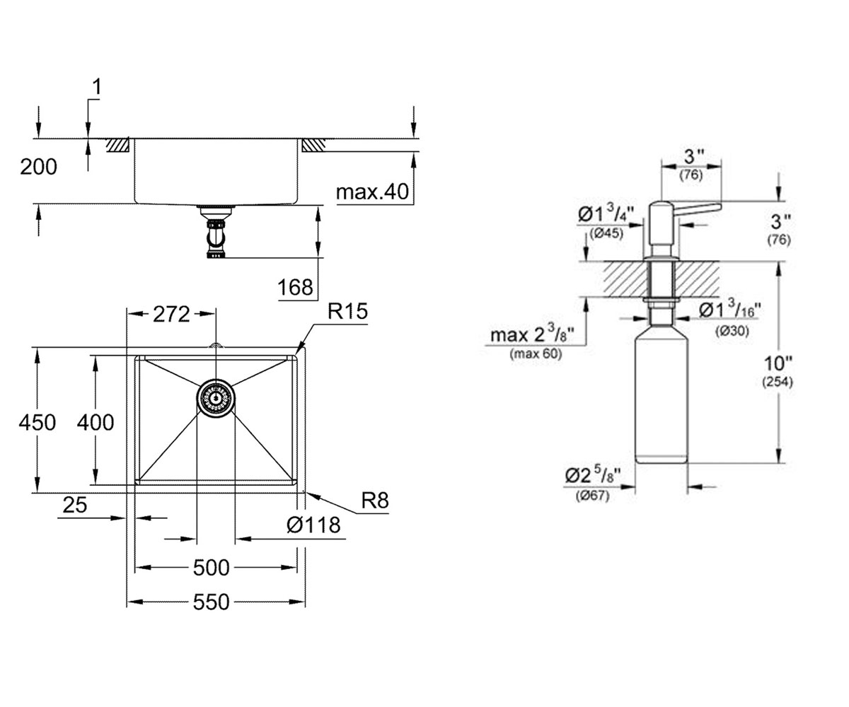 Мойка + дозатор  K-SERIES K 700U 31574SD1+40536000:Чертеж 