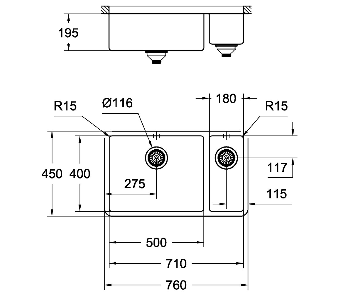 Мойка для кухни под столешницу  K-SERIES K700U 31575SD0:Чертеж 