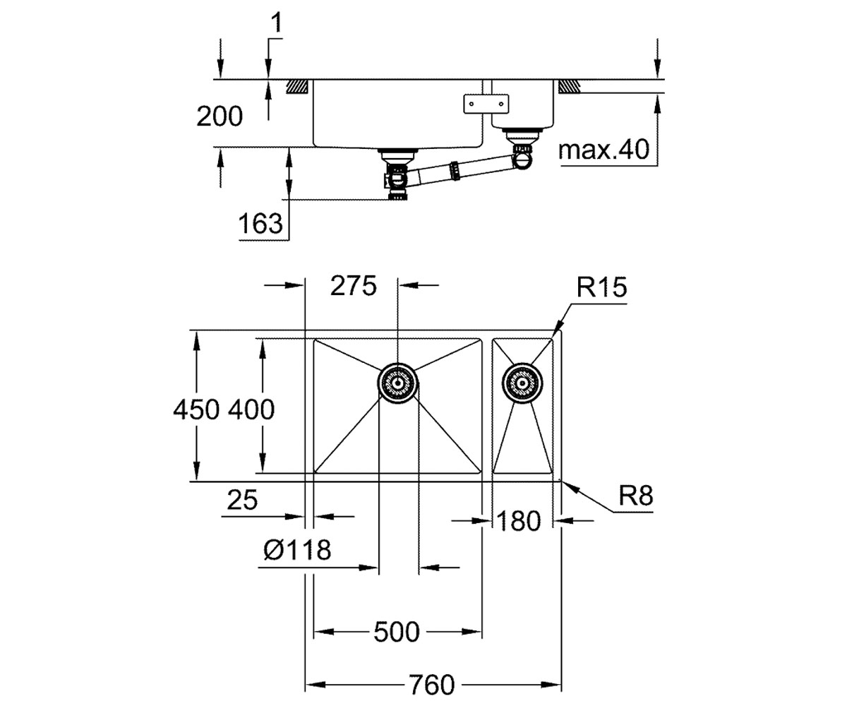 Мойка полуторная  K-SERIES K 700 31575SD1:Чертеж 