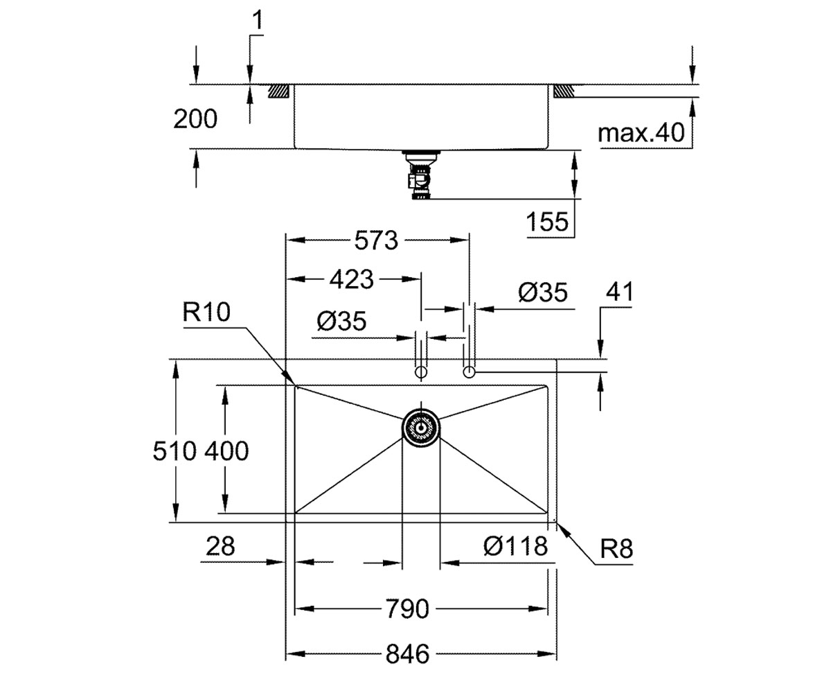 Мойка на столешницу  K-SERIES K 800 31584SD1:Чертеж 