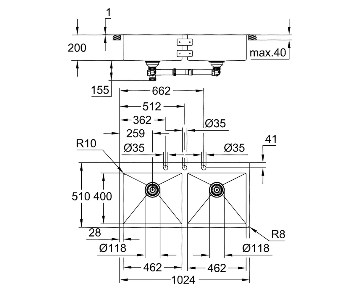 Мойка на две чаши  K-SERIES K 800 31585SD1:Чертеж 
