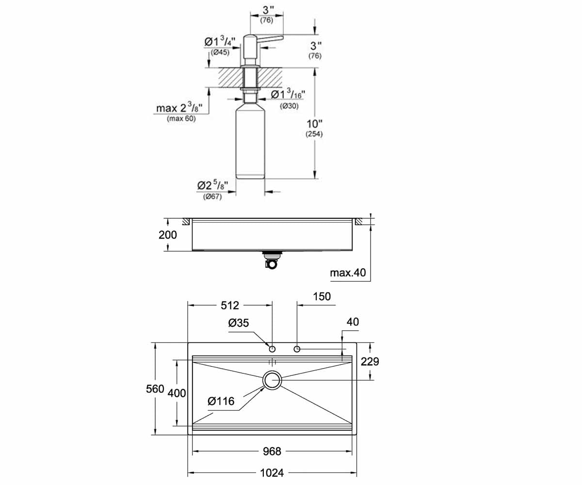 Одинарная мойка с дозатором  K-SERIES K 800 31586SD0+40536000:Чертеж 