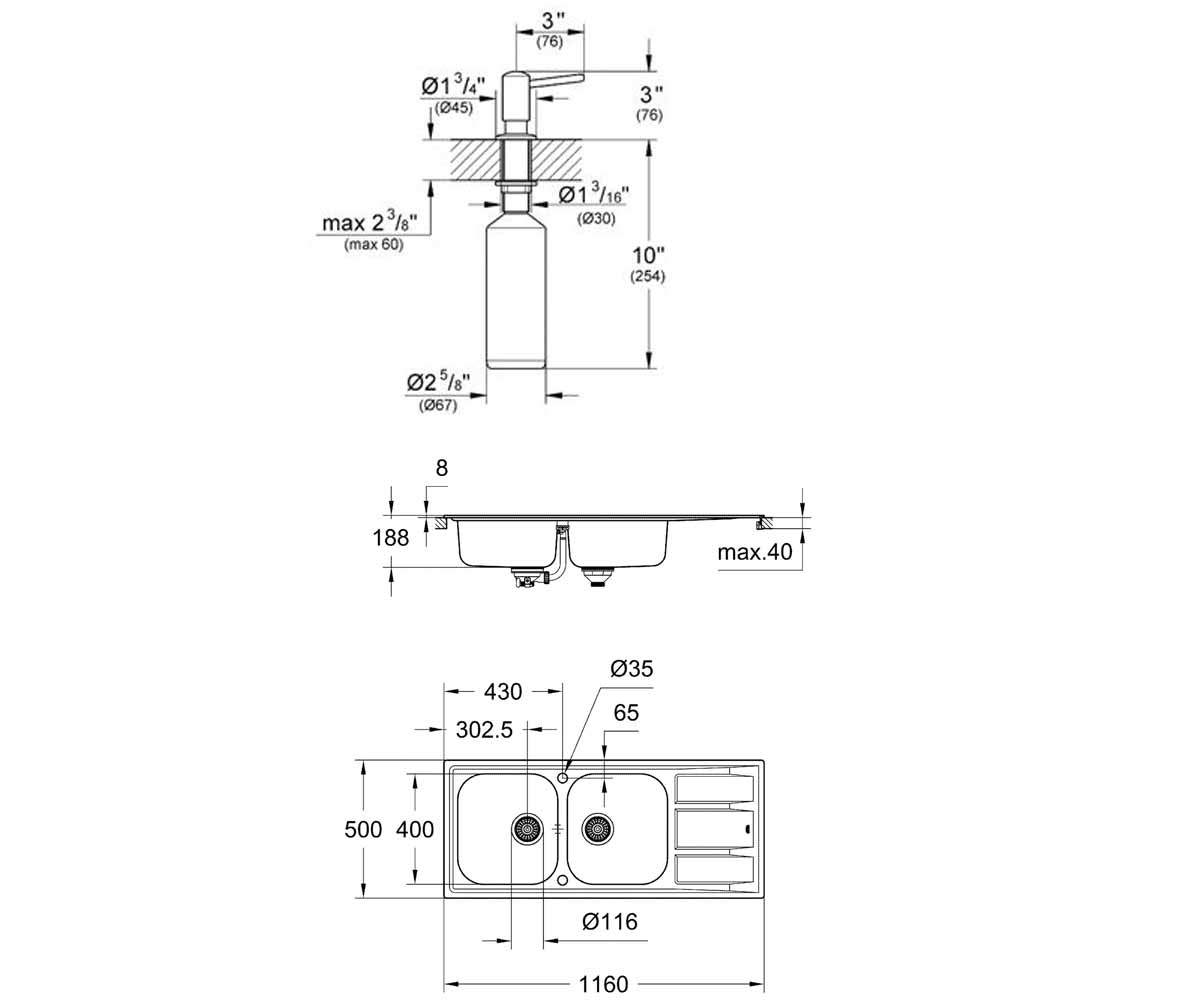 Мойка двойная с дозатором  K-SERIES K 400 31587SD0+40536000:Чертеж 