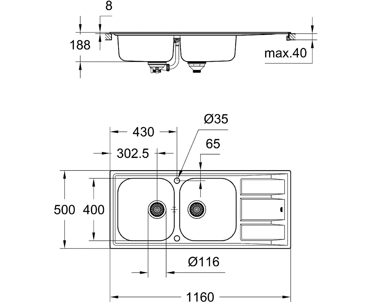 Мойка для кухни с эксцентриком  K-SERIES K 400 31587SD0:Чертеж 