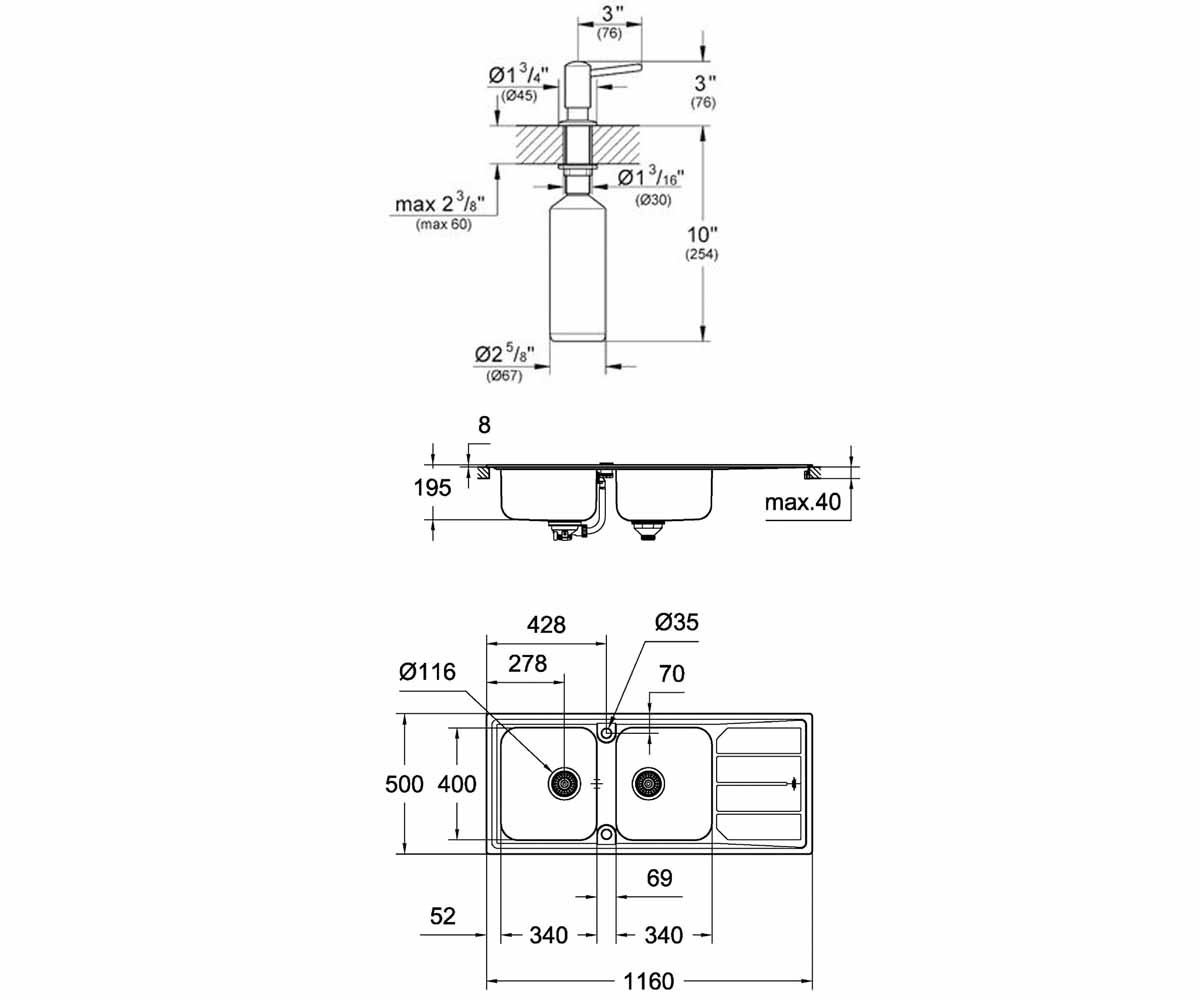 Мойка двойная с дозатором  K-SERIES K 500 31588SD0+40536000:Чертеж 