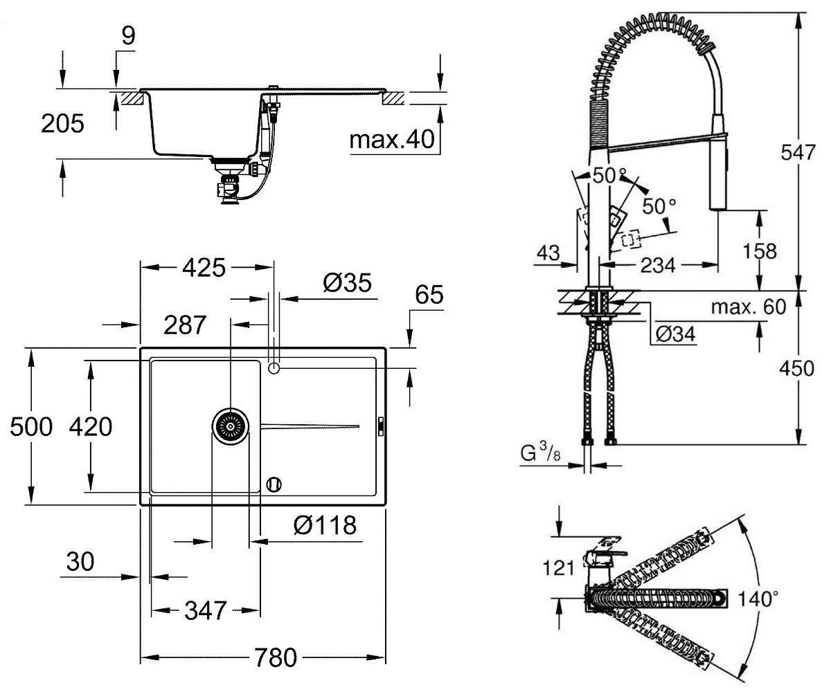 Мойка + смеситель с пружиной  K-SERIES K 400 31639AP0+31395000:Чертеж 