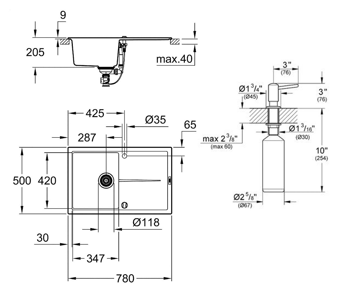 Мойка с дозатором  K-SERIES K 400 31639AP0+40536000:Чертеж 