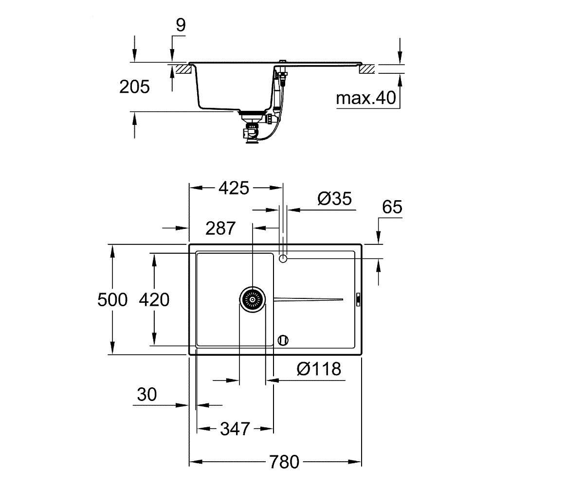 Композитная мойка 78 см  K-SERIES K 400 31639AT0:Чертеж 