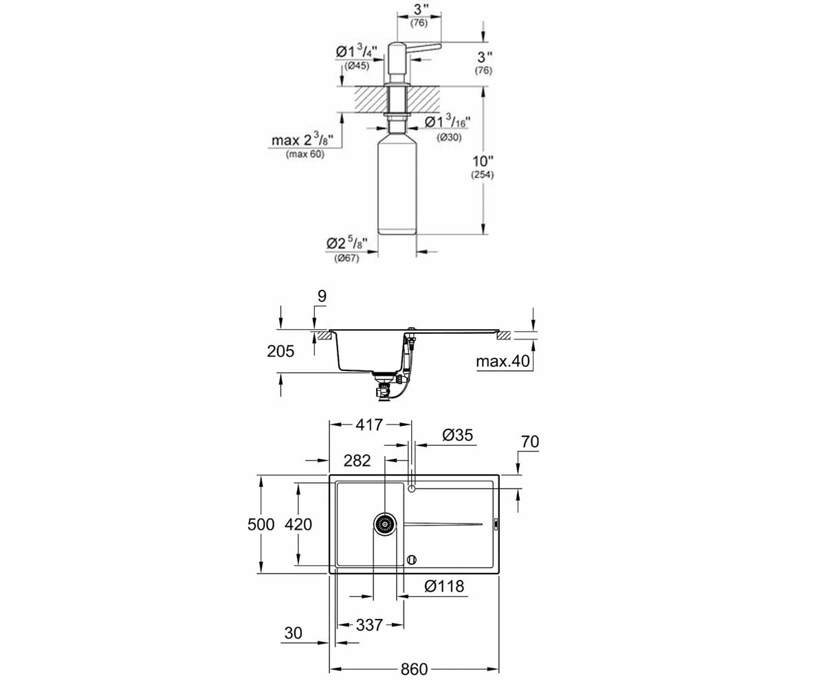 Композитная мойка с дозатором  K-SERIES K 400 31640AP0+40536000:Чертеж 
