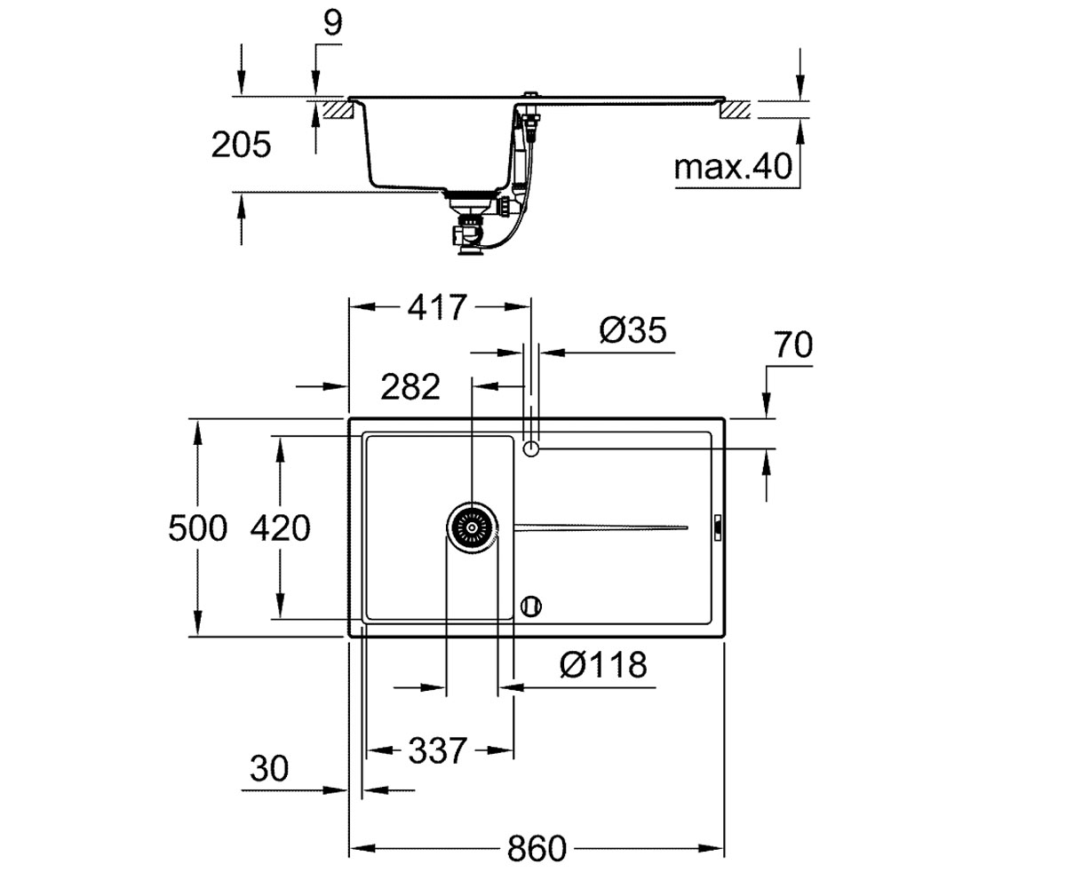 Композитная мойка 86 см  K-SERIES K 400 31640AP0:Чертеж 