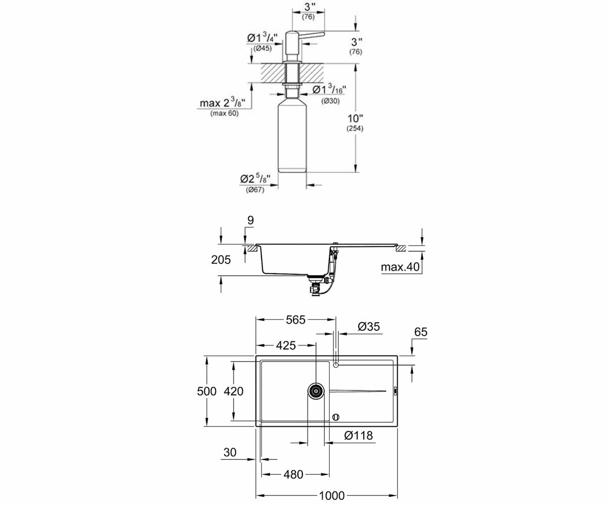Композитная мойка с дозатором  K-SERIES K 400 31641AP0+40536000:Чертеж 