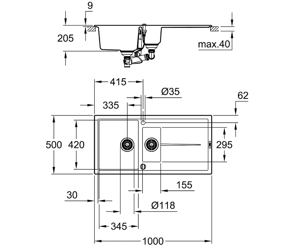 Полуторная мойка  K-SERIES K 400 31642AT0:Чертеж 