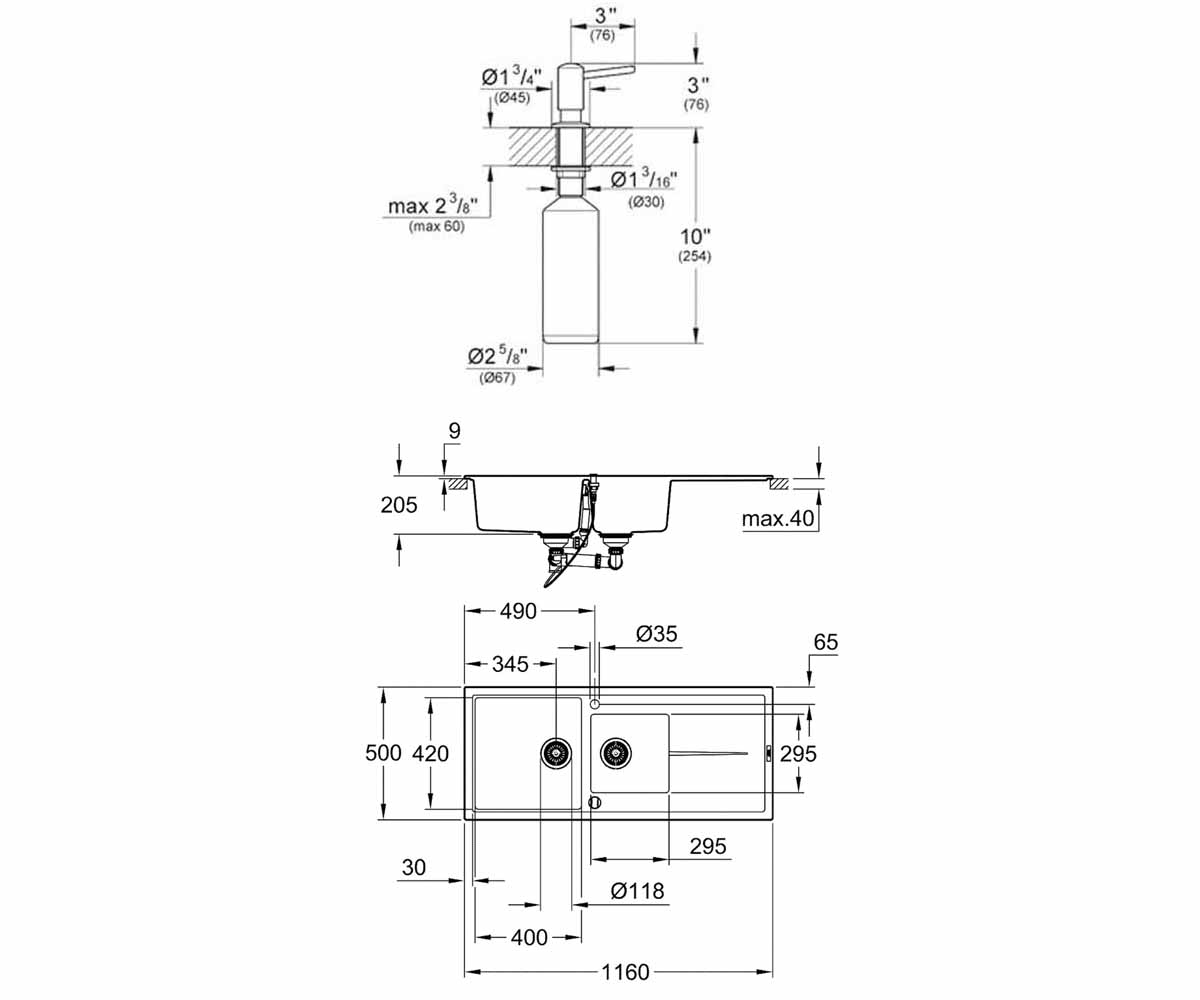 Двойная мойка с дозатором  K-SERIES K 400 31643AP0+40536000:Чертеж 
