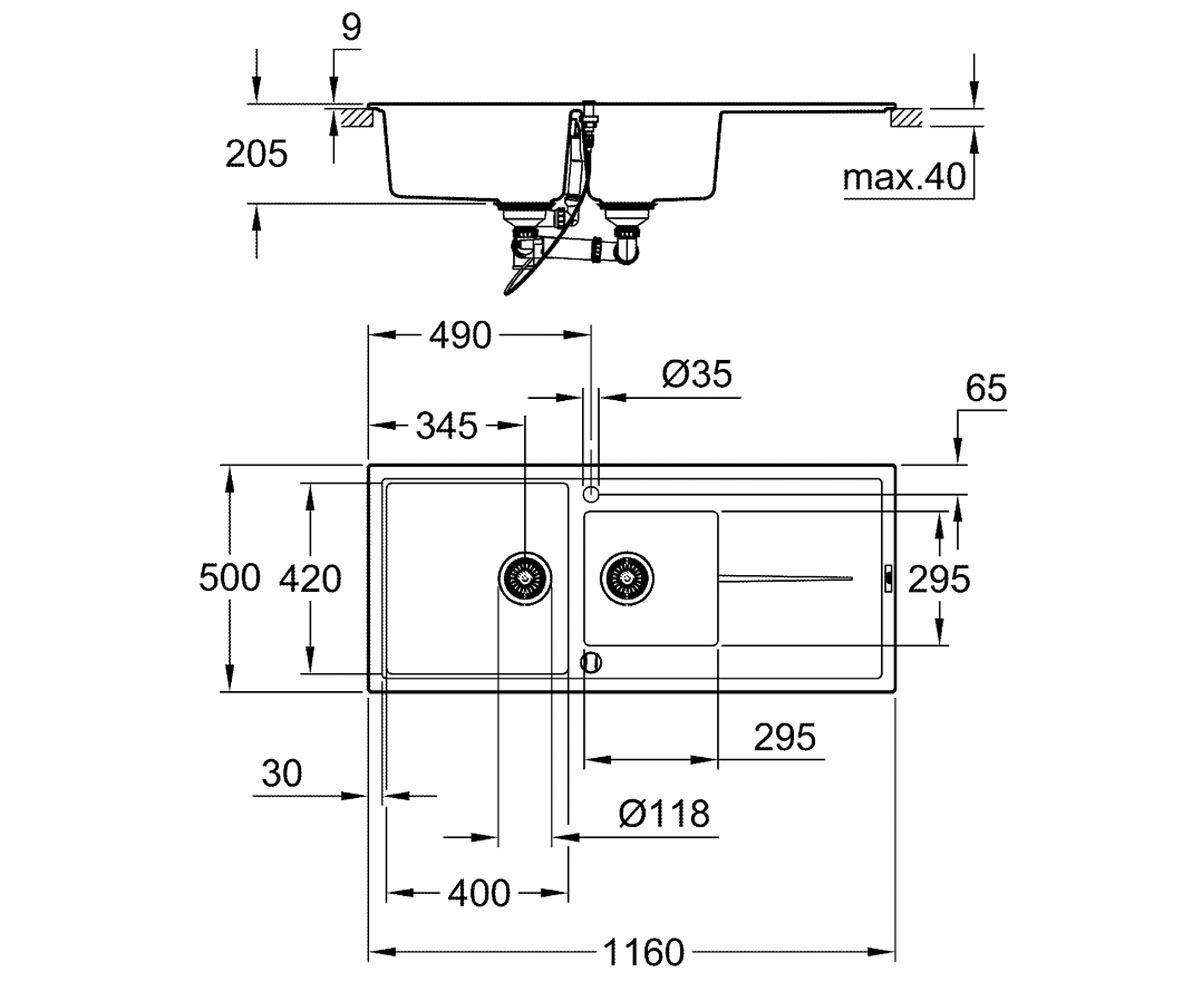 Двойная мойка  K-SERIES K 400 31643AP0:Чертеж 