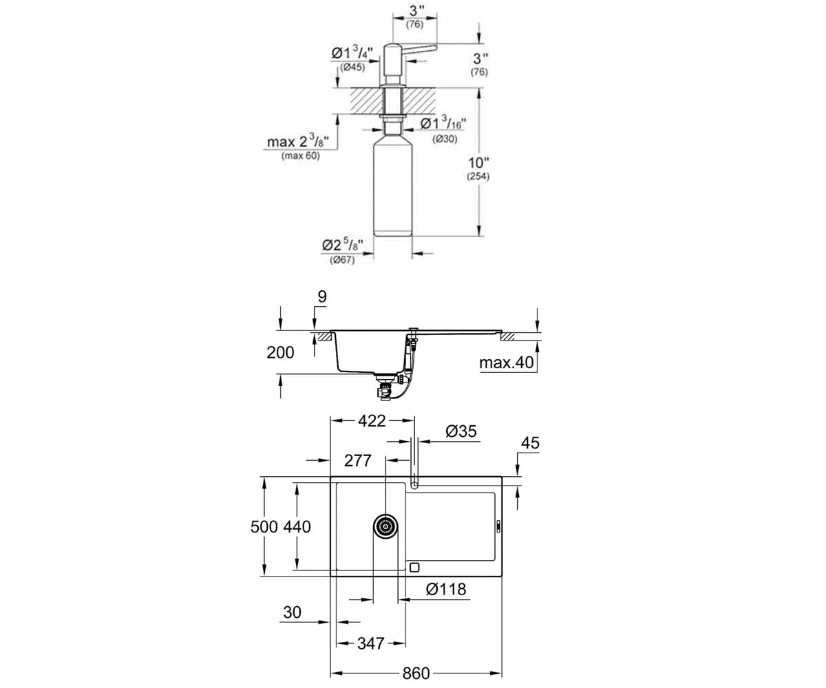 Мойка + дозатор  K-SERIES K 500 31644AP0+40536000:Чертеж 