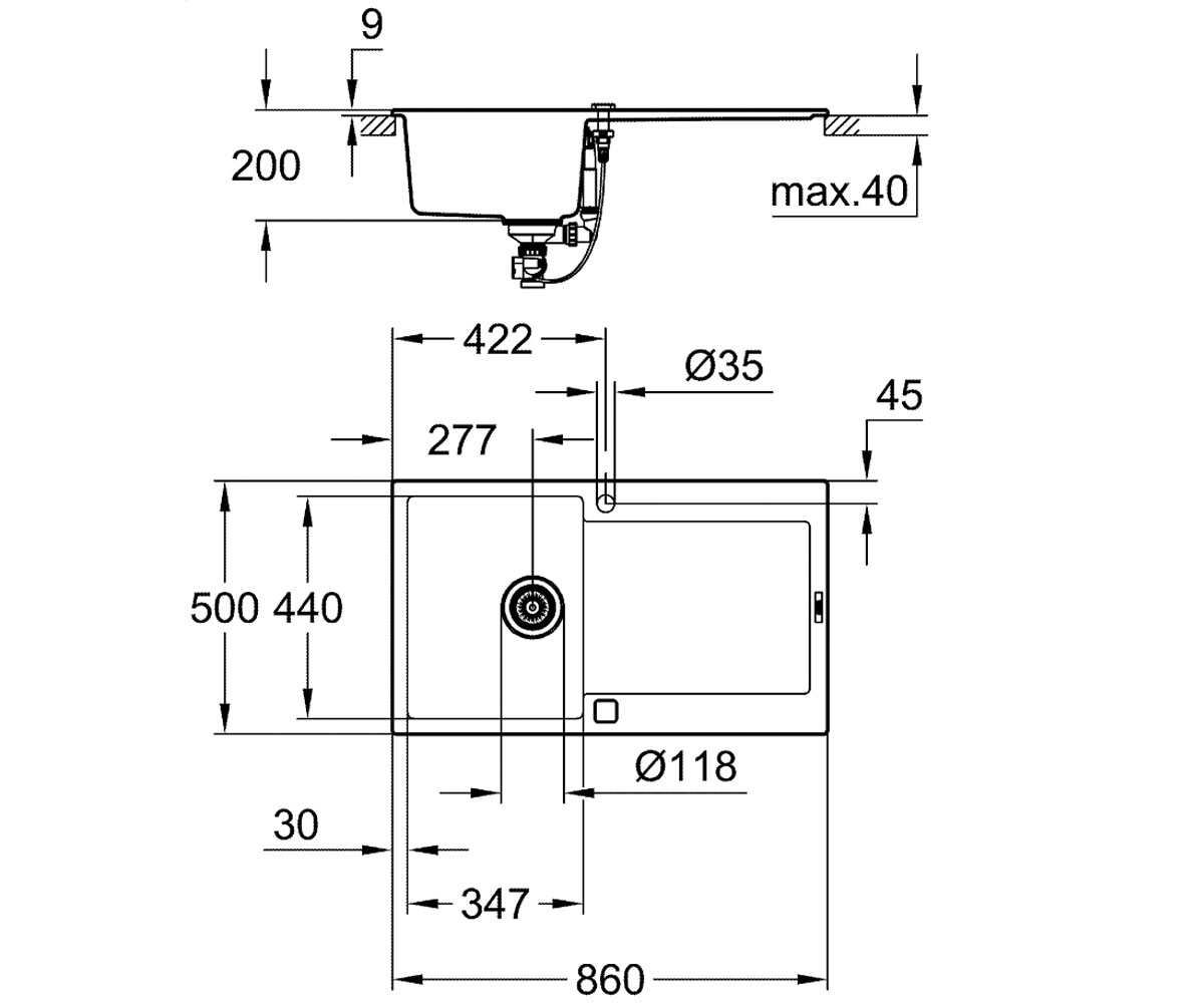 Мойка с крылом 86 см  K-SERIES K 500 31644AP0:Чертеж 
