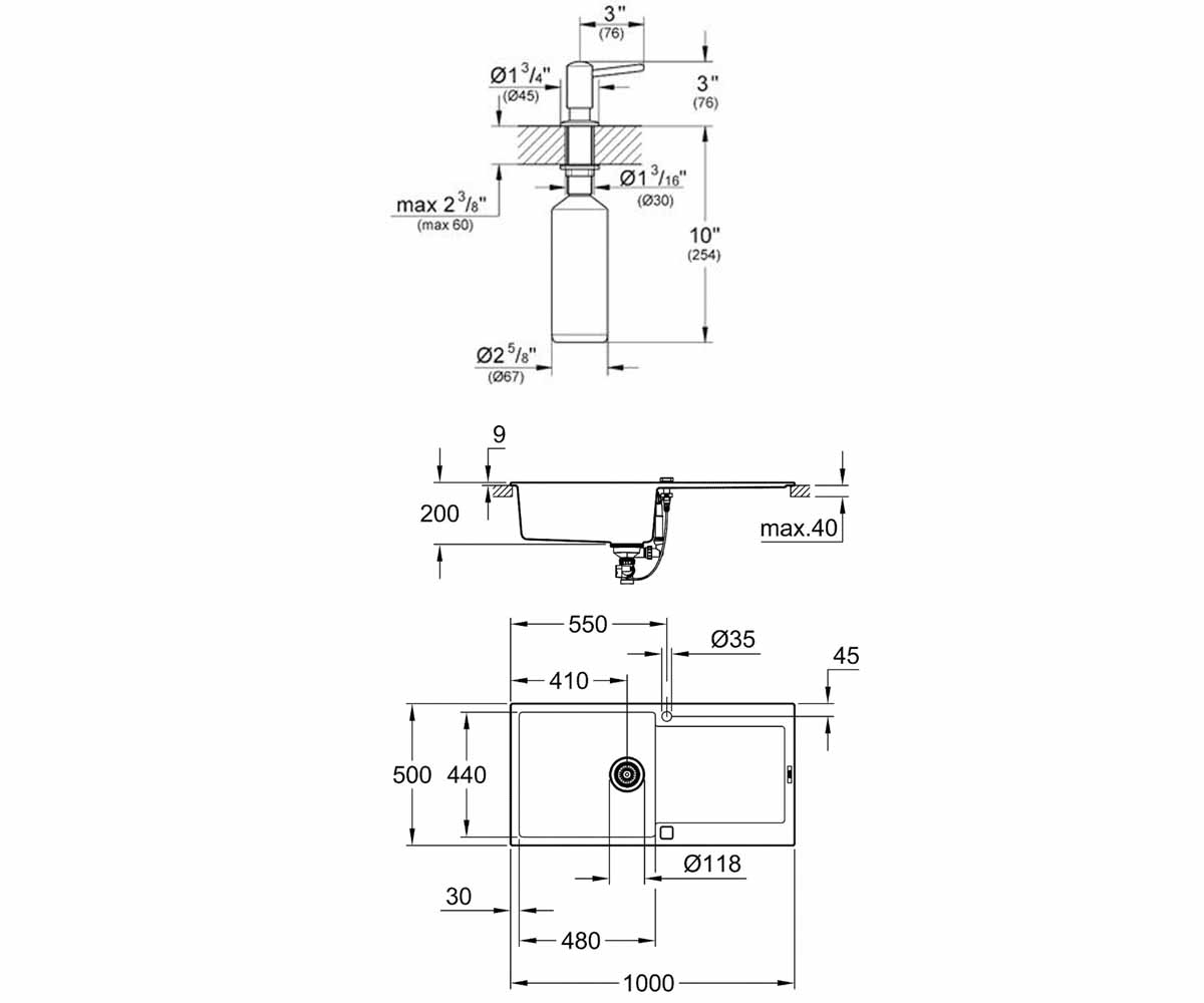 Мойка с дозатором  K-SERIES K 500 31645AP0+40536000:Чертеж 