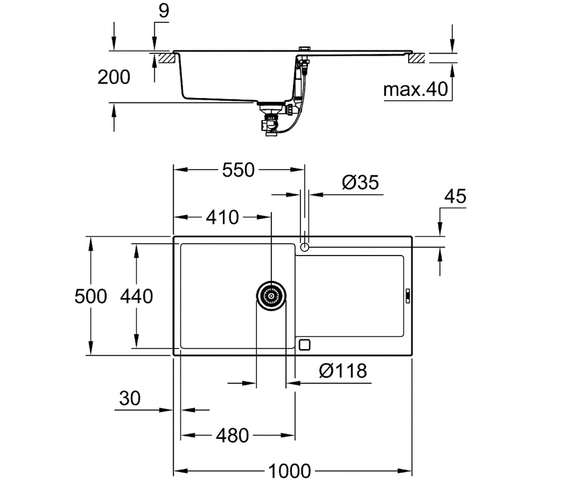 Мойка с крылом 100 см  K-SERIES K 500 31645AT0:Чертеж 
