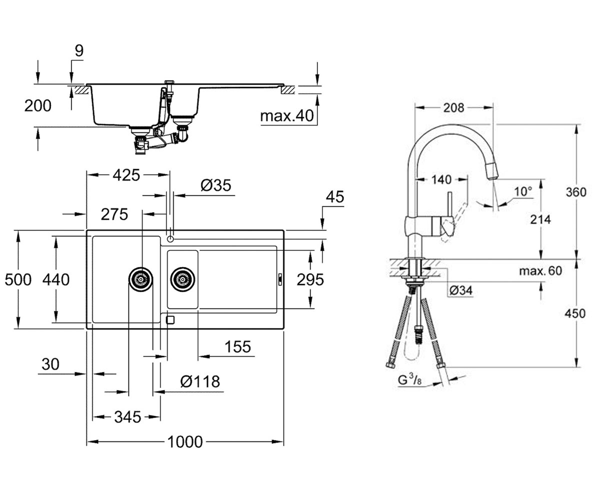 Мойка + смеситель с лейкой  K-SERIES K 500 31646AP0+32918000:Чертеж 