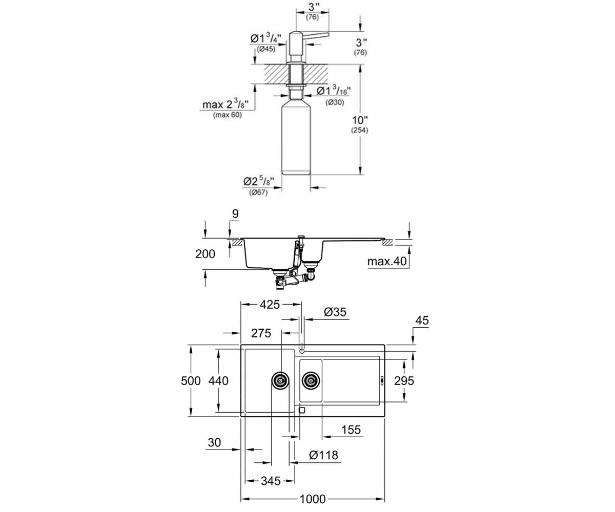 Мойка полуторная с дозатором  K-SERIES K 500 31646AP0+40536000:Чертеж 