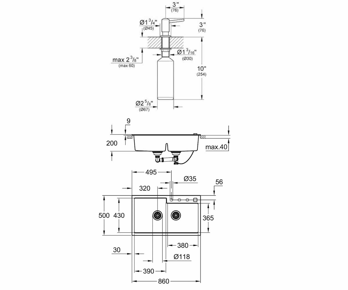 Двойная мойка с дозатором  K-SERIES 31649AP0+40536000:Чертеж 