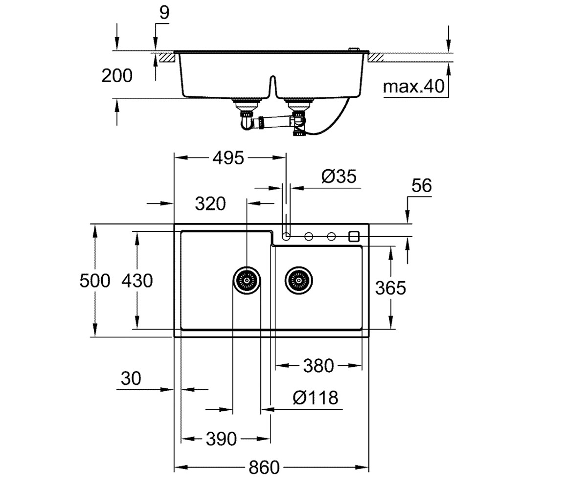 Двойная мойка  K-SERIES K 500 31649AP0:Чертеж 