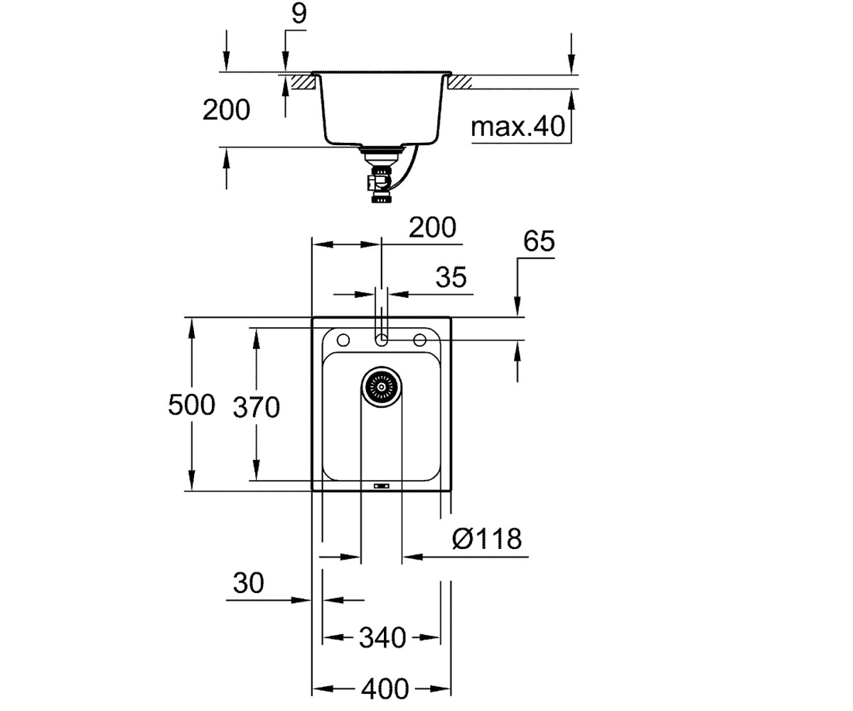Мойка композитная 40 см  K-SERIES K 700 31650AT0:Чертеж 