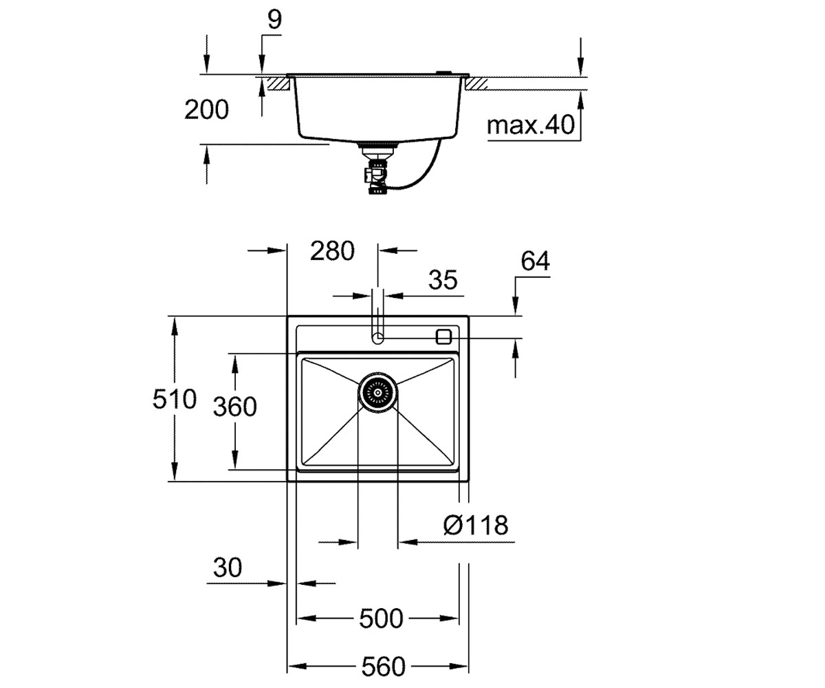 Мойка композитная 56 см  K-SERIES K 700 31651AP0:Чертеж 