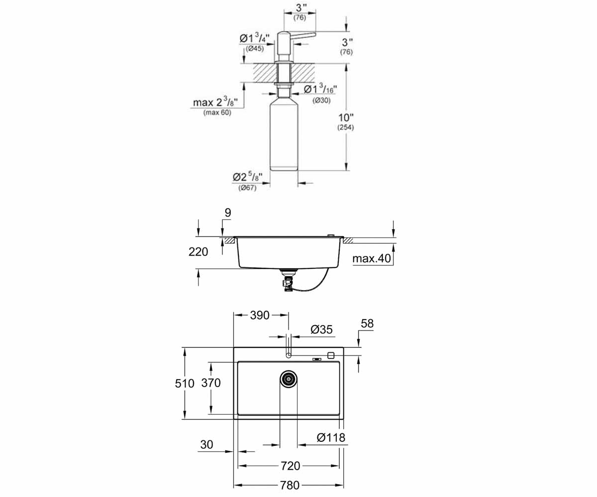Композитная мойка с дозатором  K-SERIES K 700 31652AP0+40536000:Чертеж 