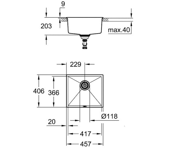 Мойка под столешницу 45 см  K-SERIES K 700U 31653AP0:Чертеж 