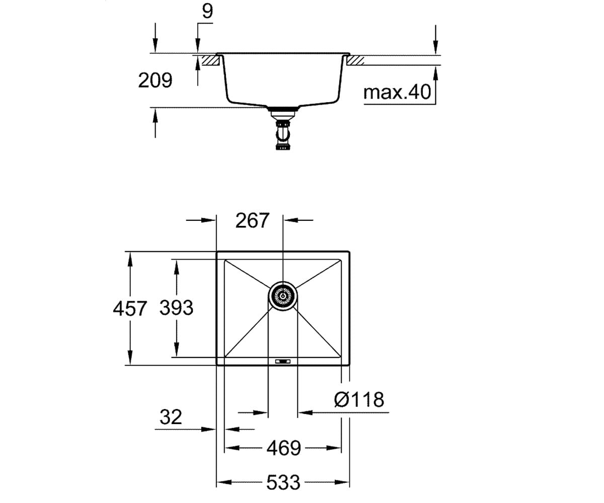 Мойка под столешницу 53 см  K-SERIES K700U 31654AP0:Чертеж 