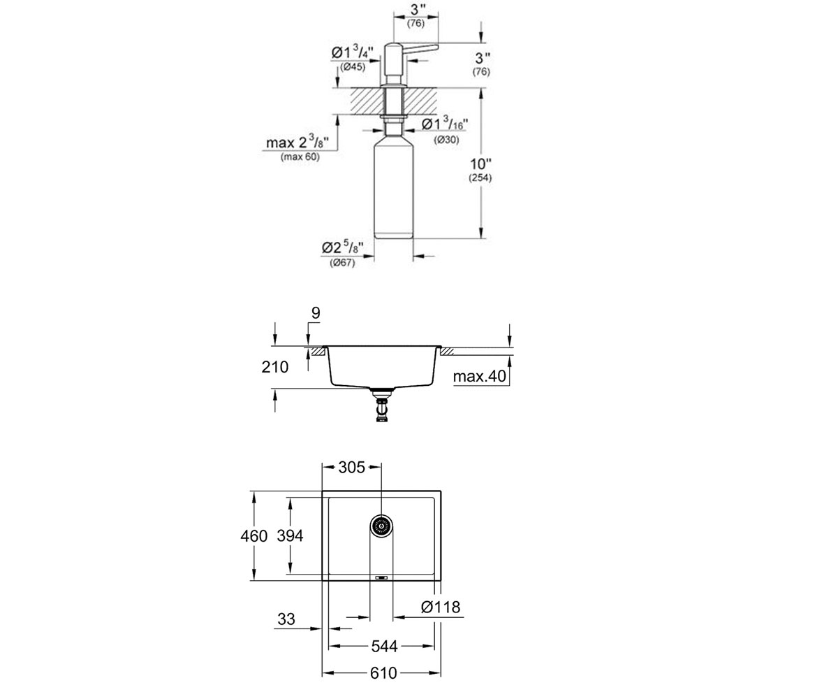 Мойка под столешницу + дозатор  K-SERIES K700U 31655AP0+40536000:Чертеж 