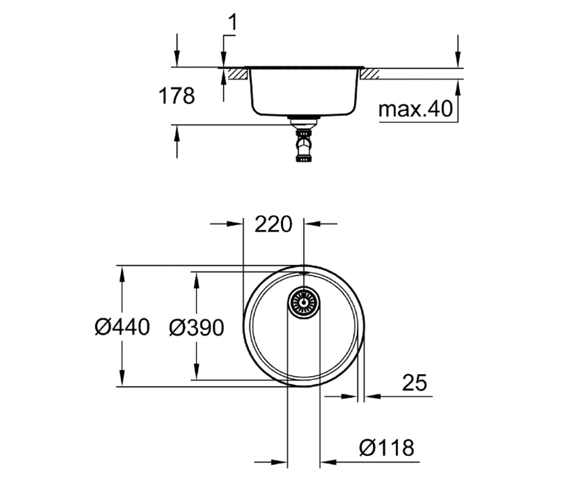 Мойка круглая 44 см  K-SERIES K 200 31720SD0:Чертеж 