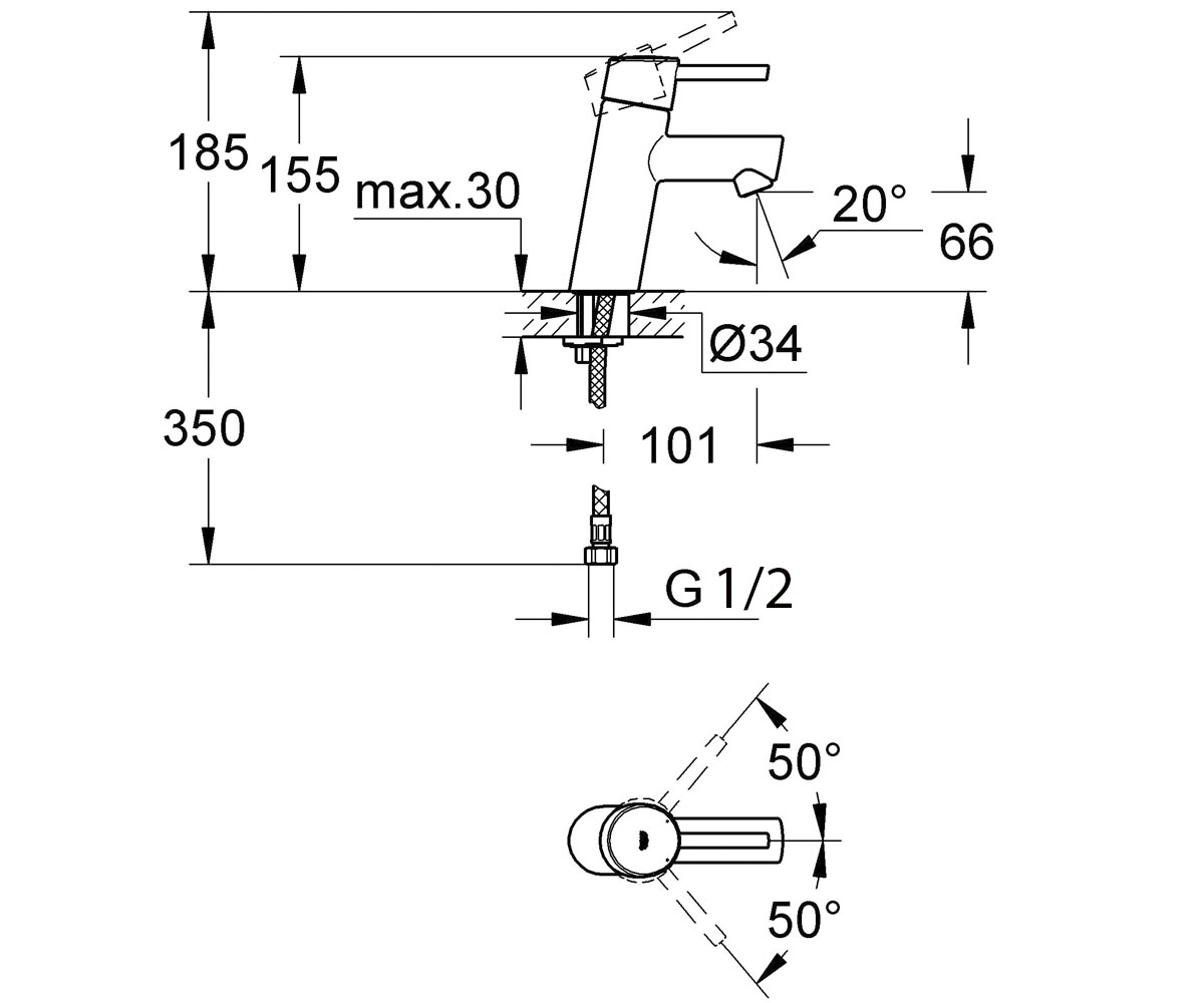 Смеситель для раковины  CONCETTO 3220610E:Чертеж 