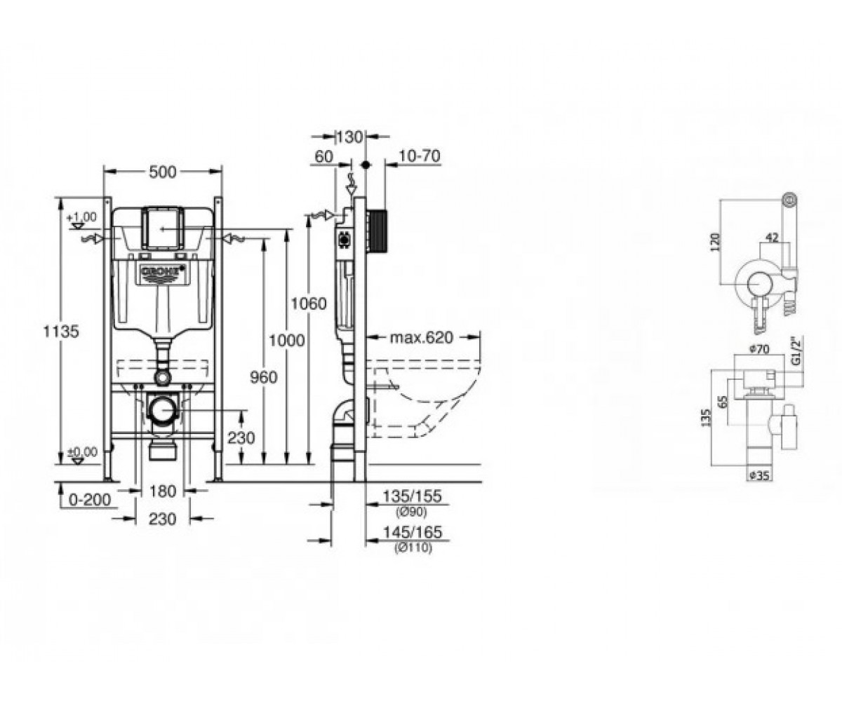 Инсталляция для унитаза с биде  RAPID SL 3884000G+ZDUP110CR:Чертеж 