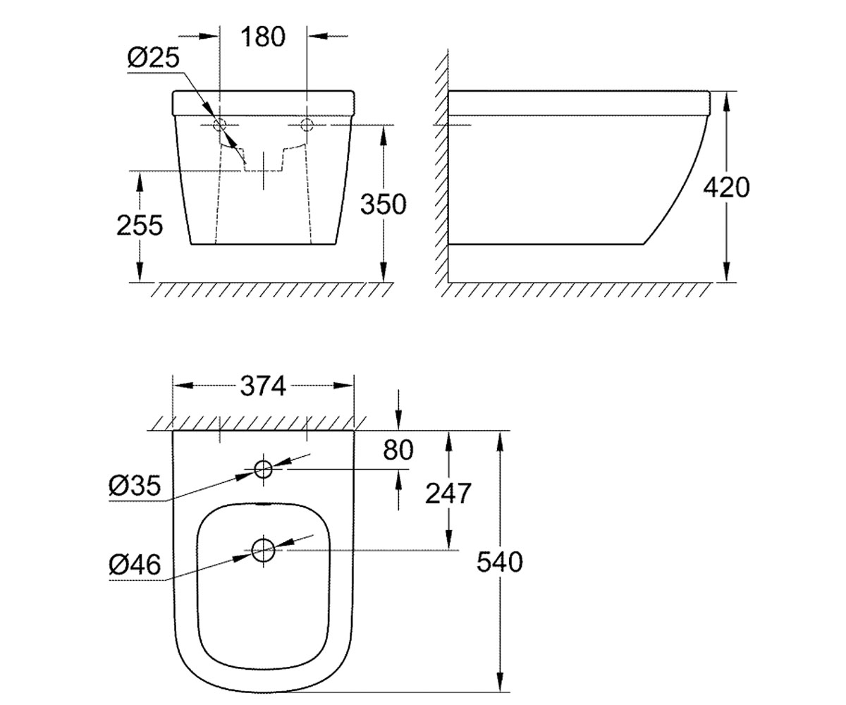 Подвесное биде  EURO CERAMIC 39208000:Чертеж 