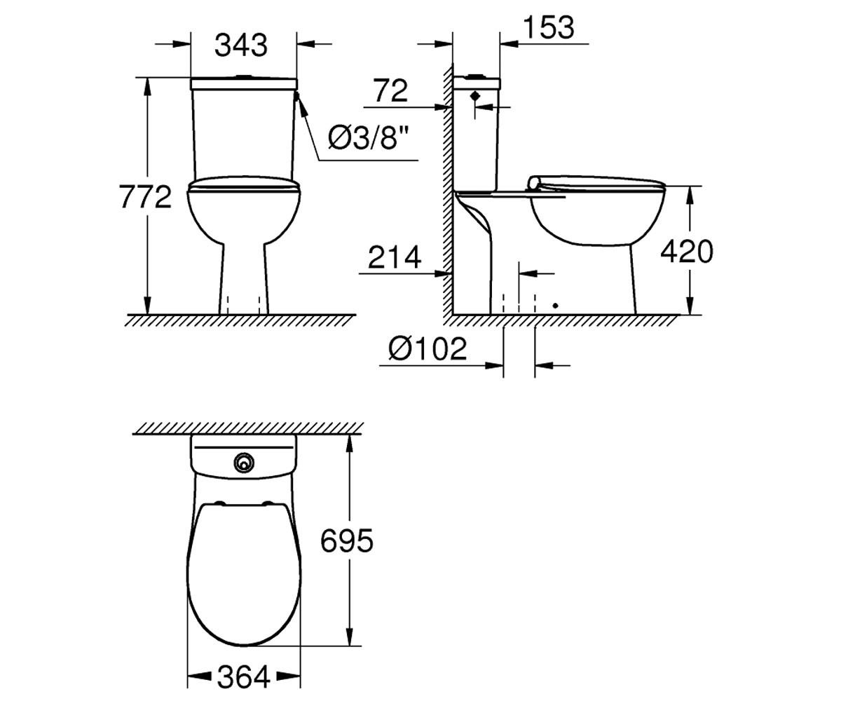 Безободковый унитаз + сиденье softclose  BAU CERAMIC 39346000:Чертеж 