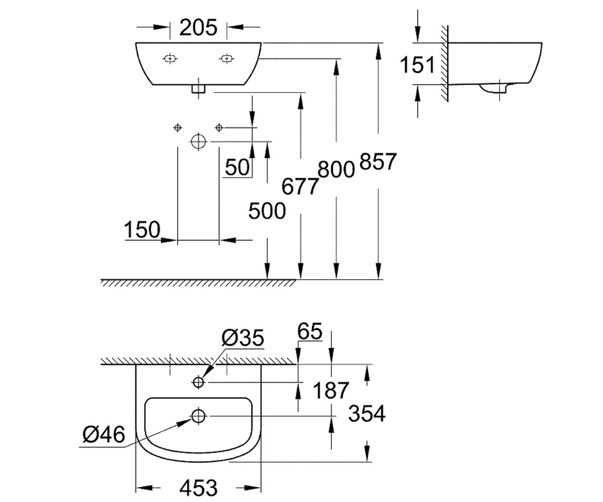 Подвесная раковина  BAU CERAMIC 39424000:Чертеж 