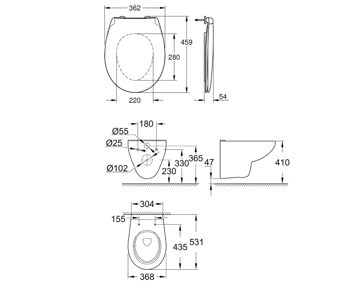 Безободковый унитаз с сиденьем  BAU CERAMIC 39427000+39493000:Чертеж 
