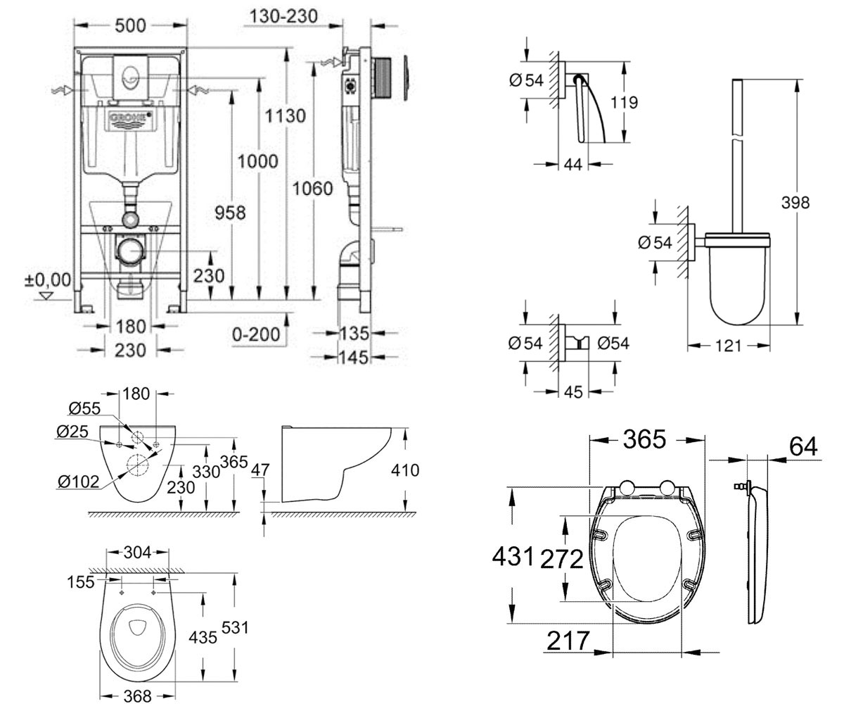 Набор для ванной 7 в 1  BAU CERAMIC 39427CB0+40407001:Чертеж 
