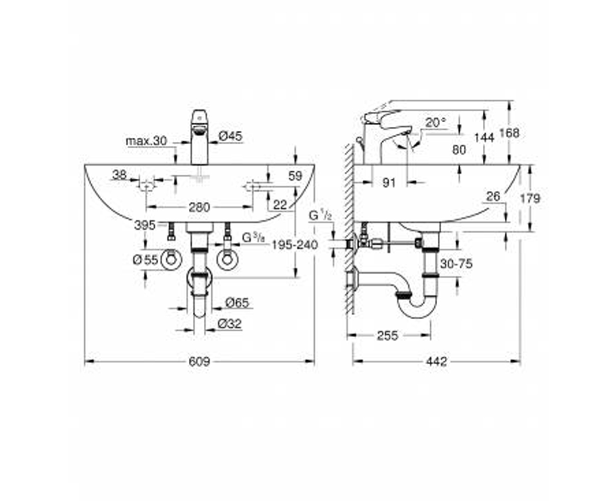 Раковина в ванную  BAU CERAMIC 39472000:Чертеж 