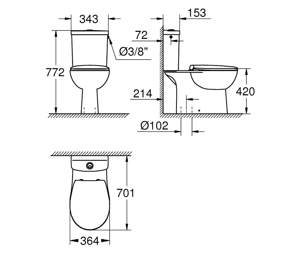 Безободковый унитаз компакт  BAU CERAMIC 39558000:Чертеж 