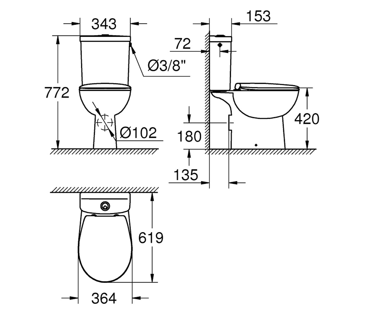 Унитаз компакт безободковый  BAU CERAMIC 39559000:Чертеж 