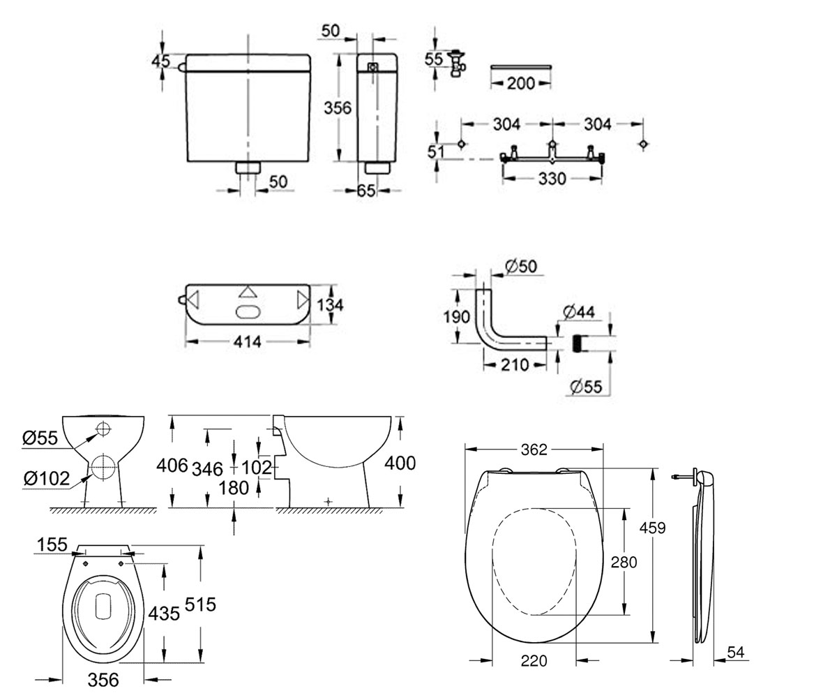 Безободковый унитаз  BAU CERAMIC 39560000:Чертеж 