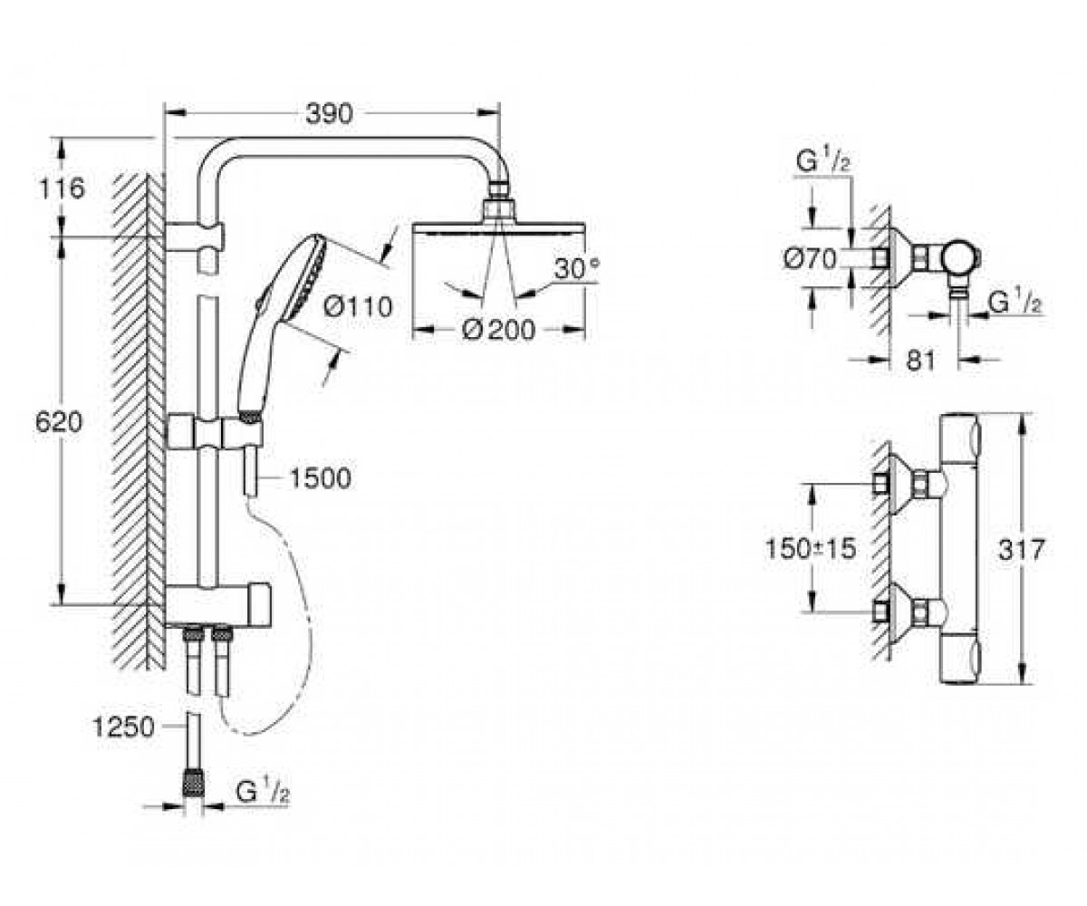 Душевая система с термостатом  PRECISION FLOW QUICKFIX UA202908TR:Чертеж 