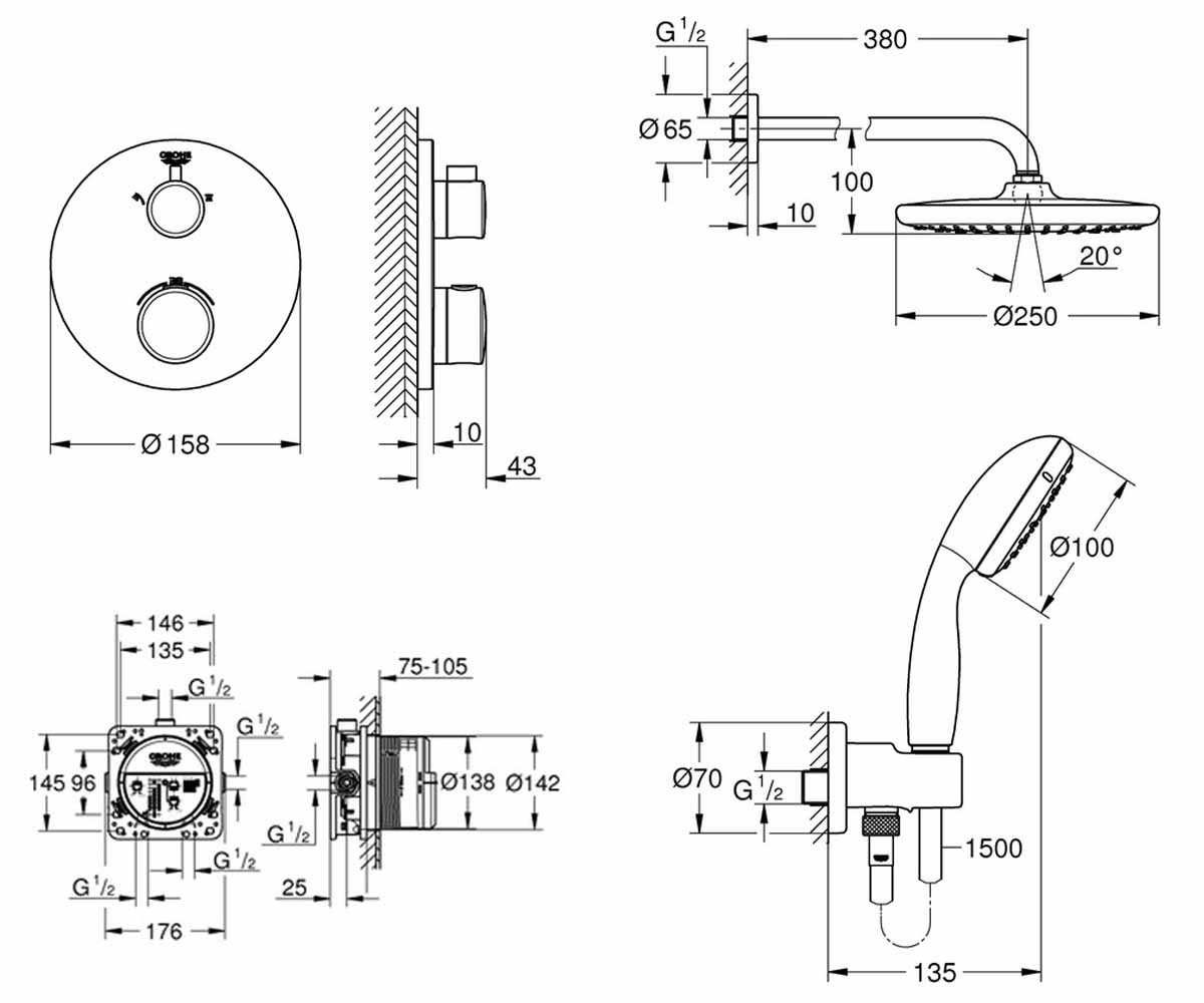Душевая система  GROHTHERM UA26416SC0:Чертеж 