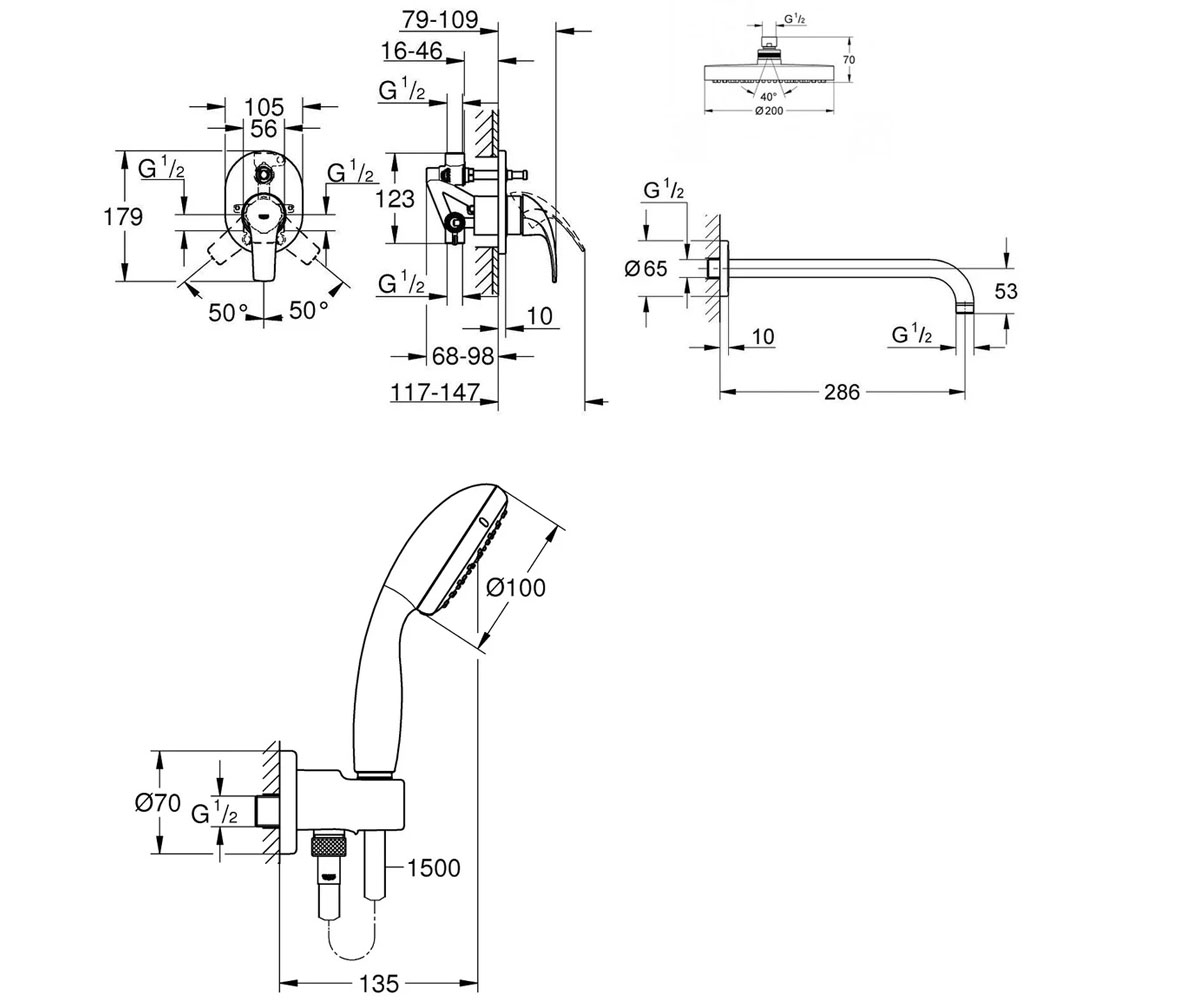 Душевая система скрытого монтажа  BAU CURVE UA2904300L:Чертеж 